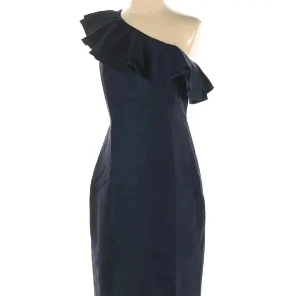 J.Crew One Shoulder Ruffle Mini Dress Navy Blue Size 4 Knee Length - Picture 2 of 3